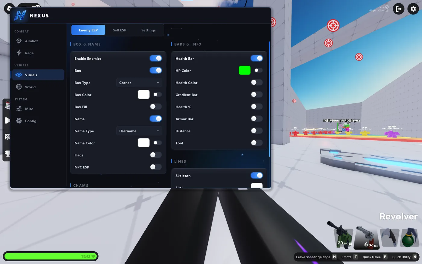 Nexus ESP overlay shown in-game with enemy boxes and names visible on the map